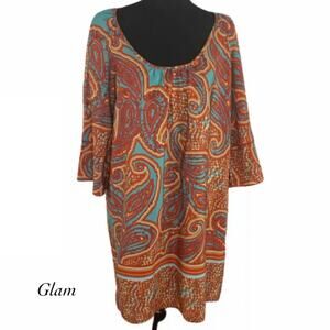 Glam Orange Blue Paisley Scoop Neck Tunic Dress Size L